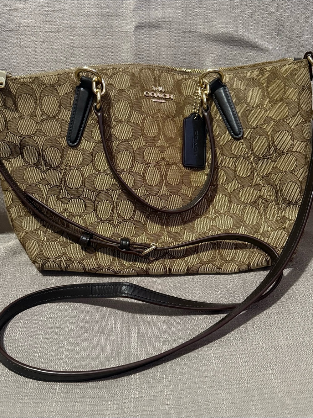 Coach Khaki/Brown Signature Canvas Shoulder Tote